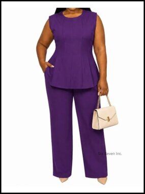 Plus Size 2 Piece Peplum Tank Top and Wide Leg Pants Set Sleeveless